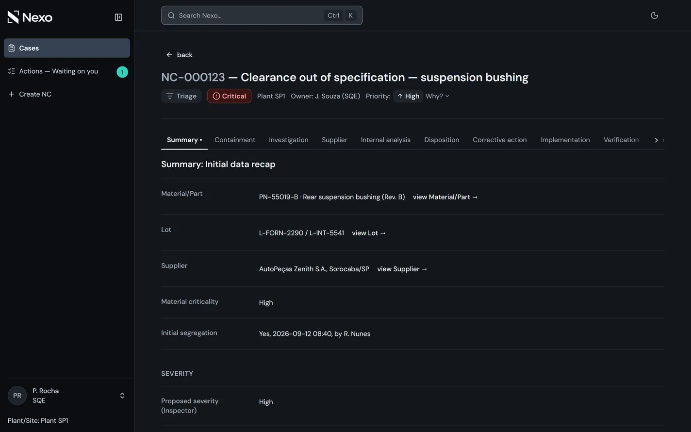A non-conformance case screen in Nexo Quality, in dark mode