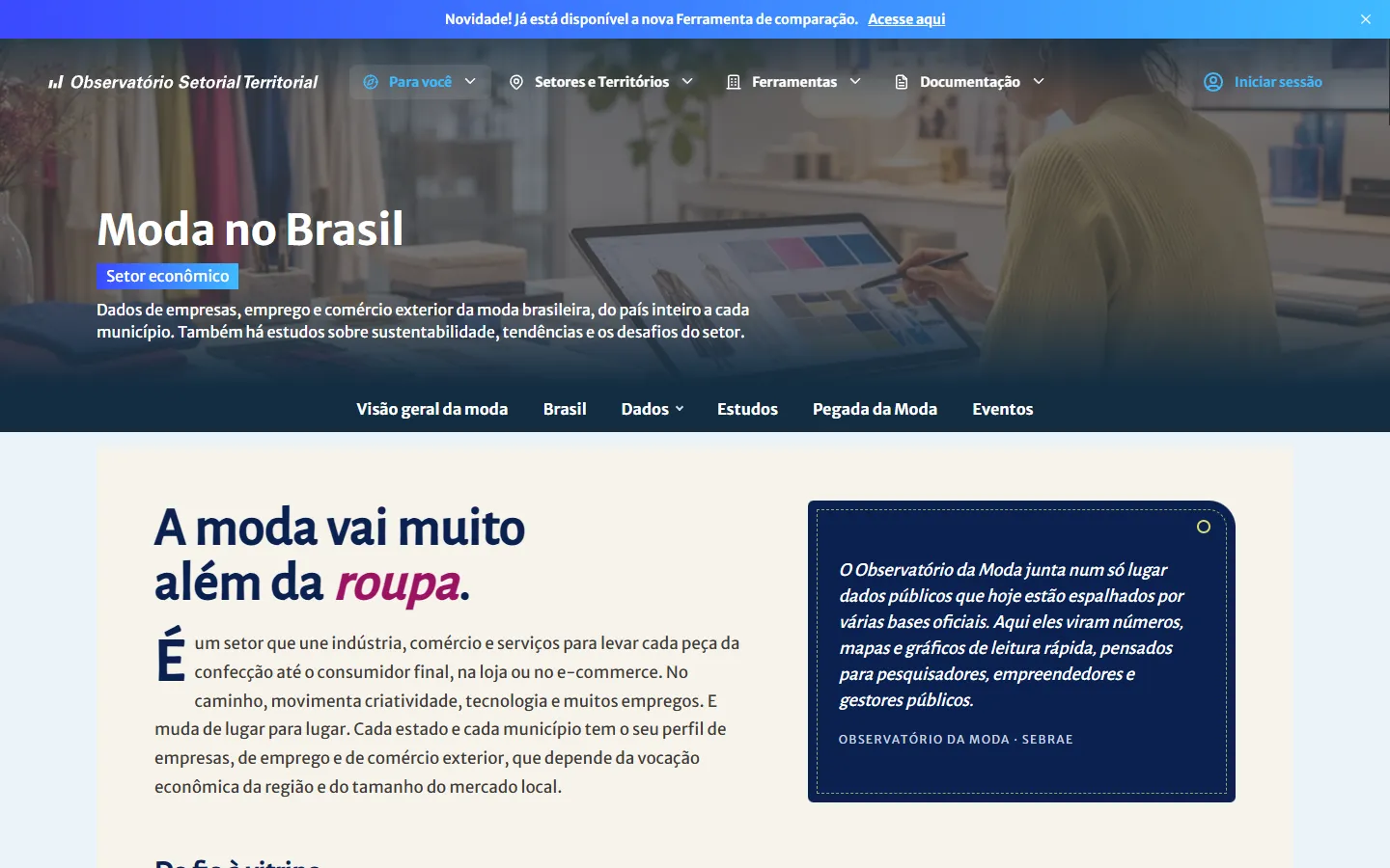 Top of the Fashion in Brazil page, in the SEBRAE Territorial Sector Observatory, with the headline A moda vai muito além da roupa